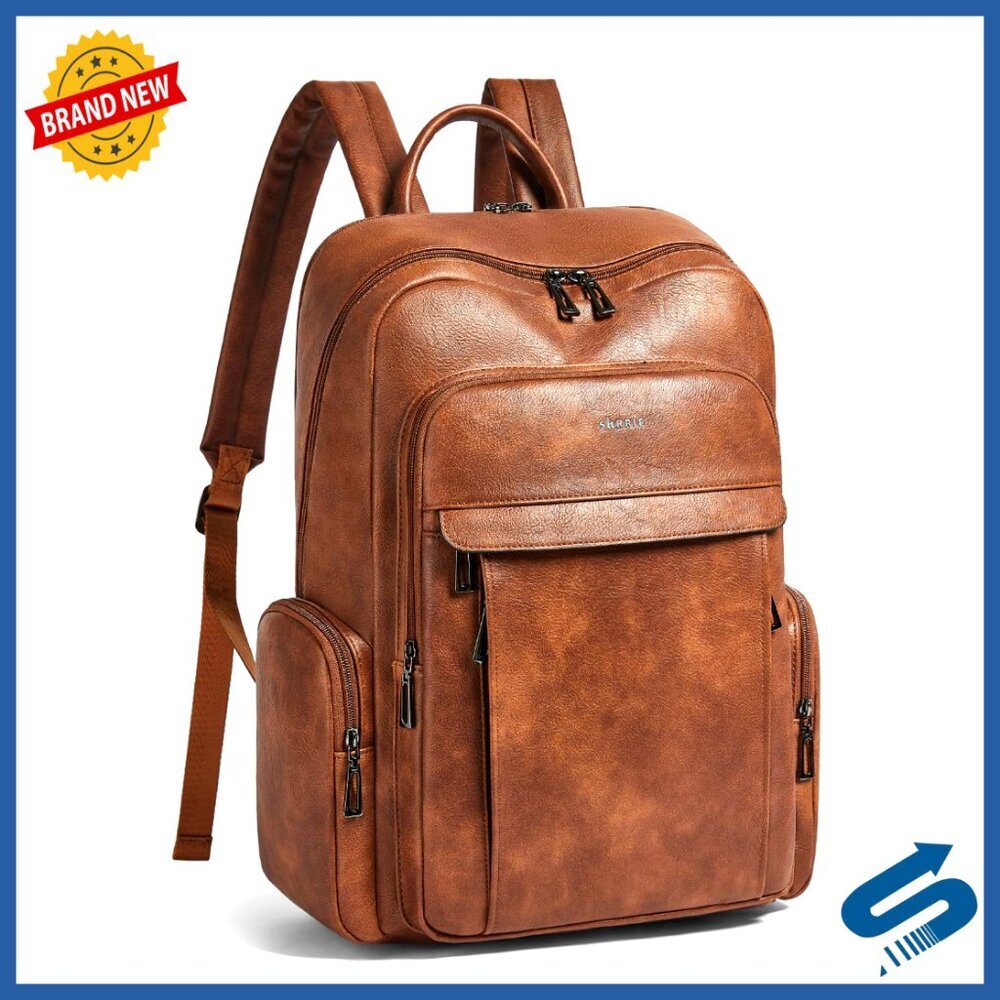 Vegan Leather Laptop Backpack 17 Inch Travel Work College Multi-Compartment
